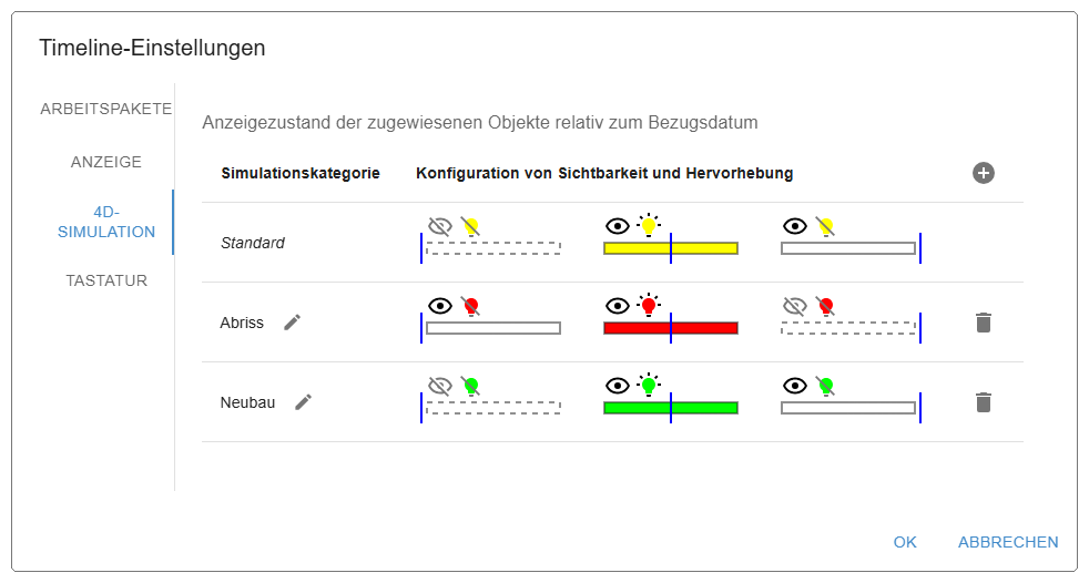 Konfiguration verschiedener Simulationskategorien