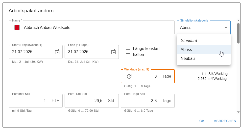 Zuweisung einer Simulationskategorie zu einem Arbeitspaket