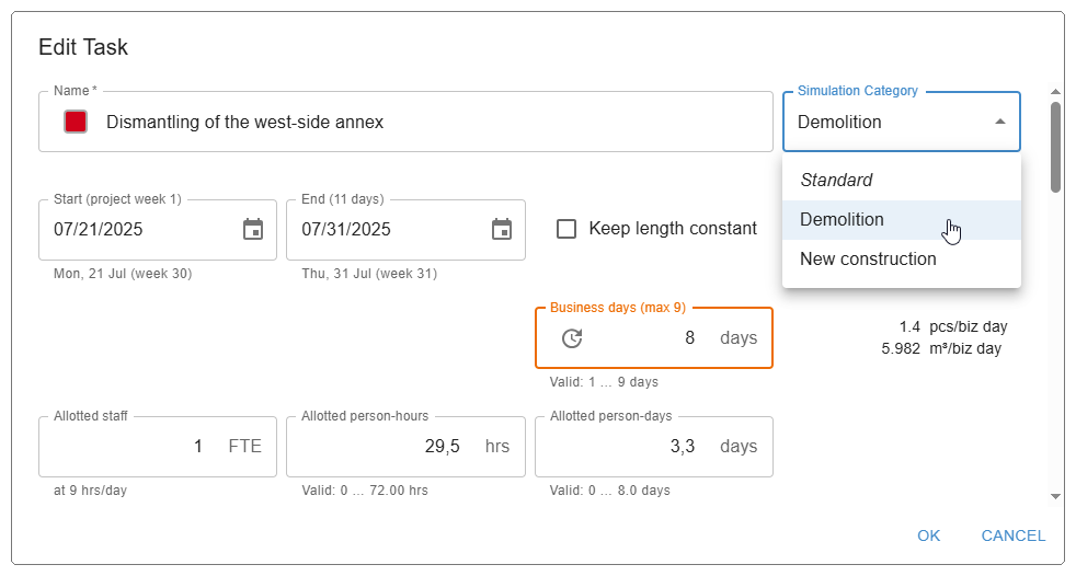 Assignment of a simulation category to a task